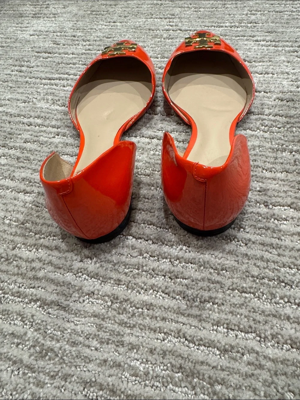 Tory Burch Orange Patent D’Orsay Flats Gold Double T Logo 9.5 New